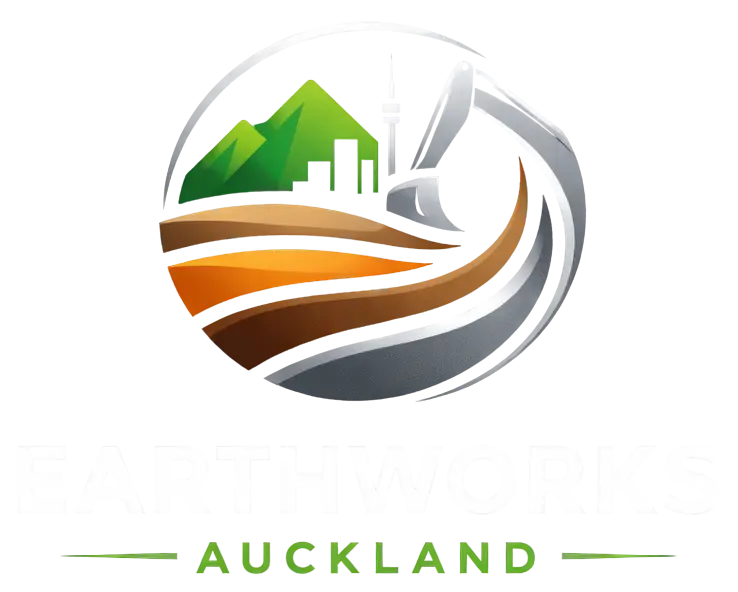 Earthworks Auckland stacked logo with excavator and Sky Tower icon