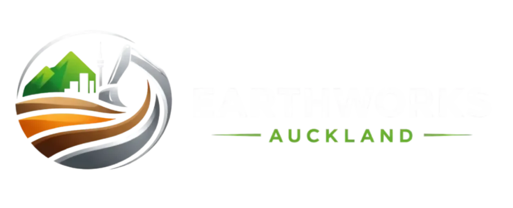 Earthworks Auckland horizontal logo with excavator and Sky Tower