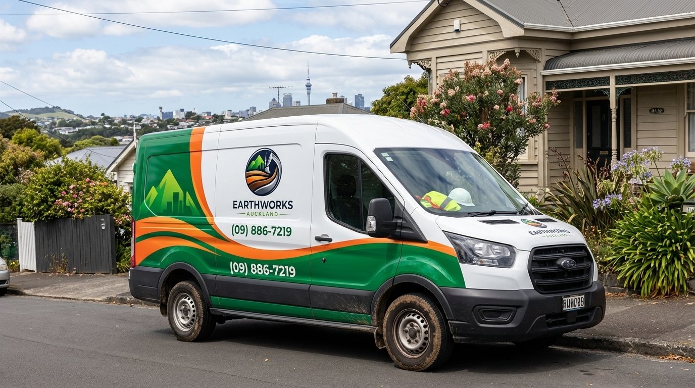 Earthworks Auckland branded Ford Transit van on Auckland residential street