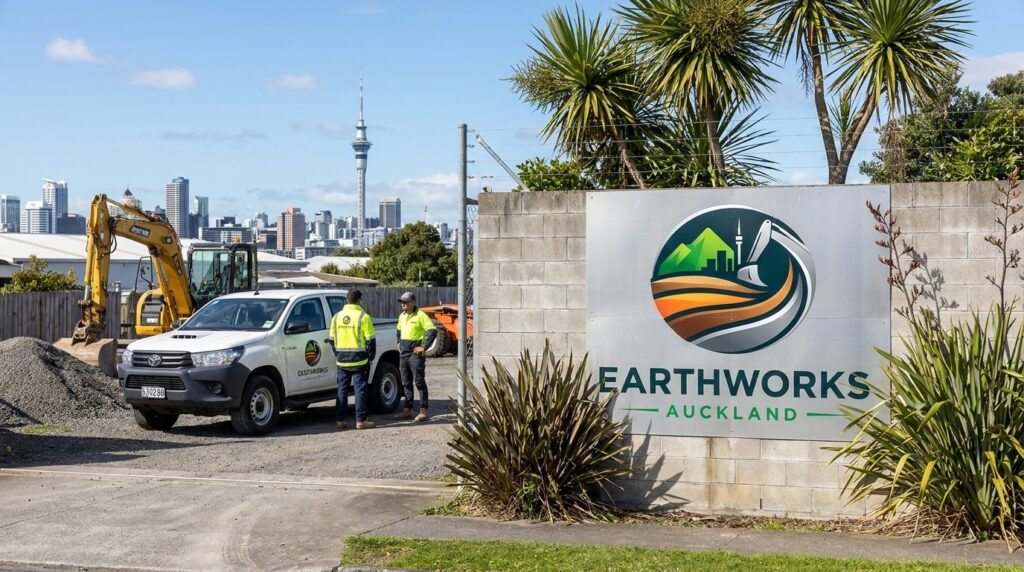 Earthworks Auckland yard entrance with logo sign, workers, excavator and skyline