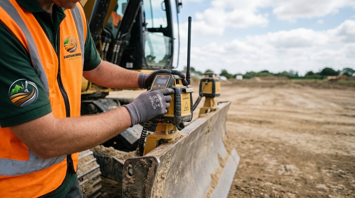 Earthworks Auckland worker adjusting GPS grading equipment on bulldozer