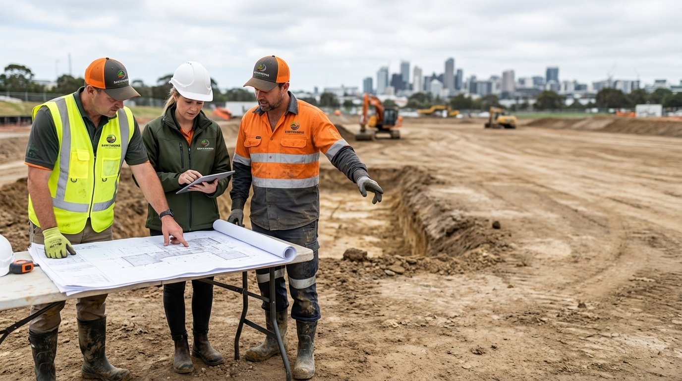 Three Earthworks Auckland workers reviewing blueprints on site with city skyline