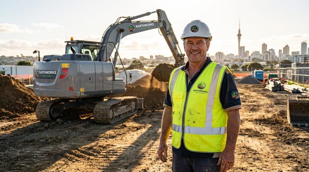 Earthworks Auckland worker portrait beside branded excavator with Auckland skyline