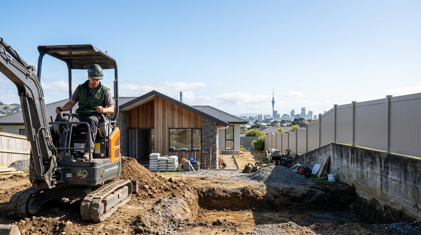 Mini excavator digging at Auckland residential property with Sky Tower skyline