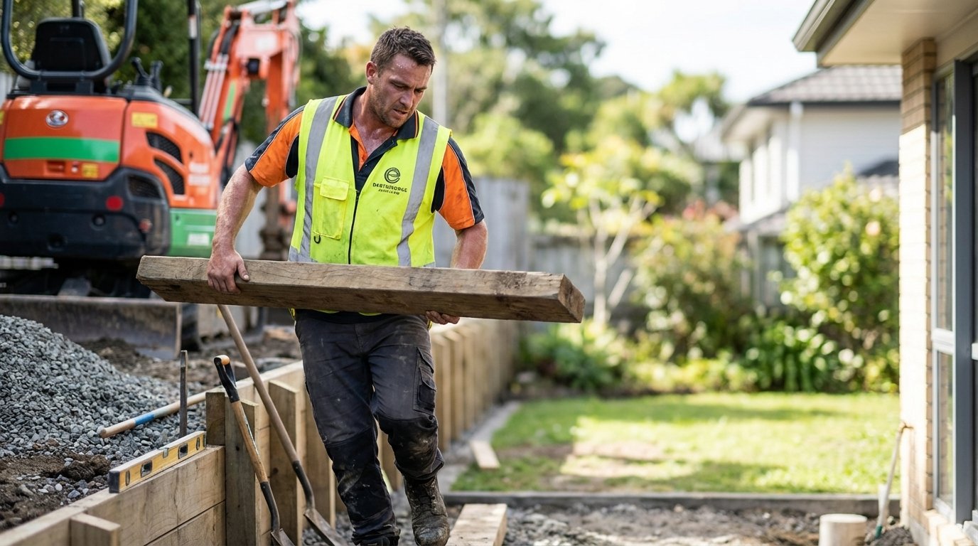 Earthworks Auckland worker building residential retaining wall with mini excavator
