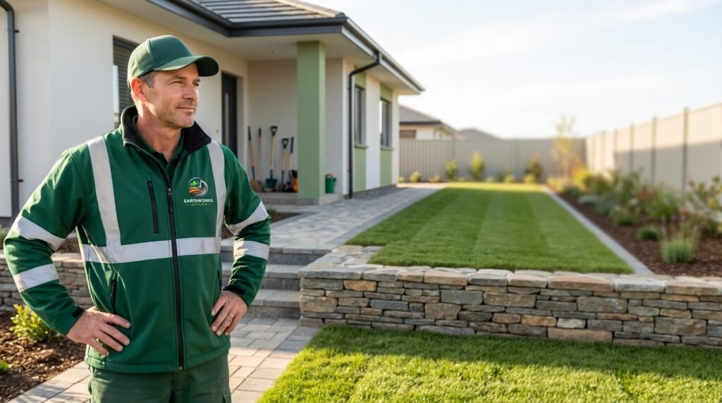 Earthworks Auckland worker beside completed residential retaining wall and landscaping