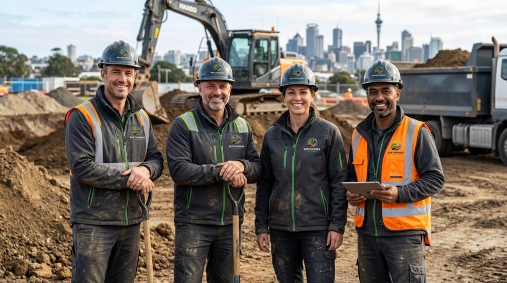 Earthworks Auckland team of four workers with shovels and Auckland skyline
