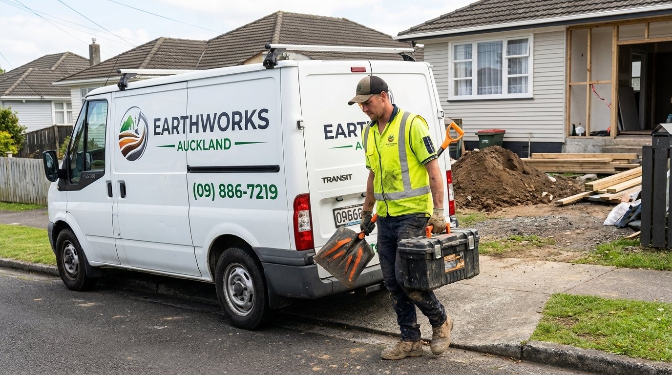 Earthworks Auckland technician carrying toolbox at branded van on residential site